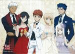  3boys 3girls ahoge archer black_hair blonde_hair blue_eyes blue_hair bowtie brown_eyes dress drink emiya_shirou fate/stay_night fate_(series) flower formal glass green_eyes hair_flower hair_ornament illyasviel_von_einzbern jewelry lancer multiple_boys multiple_girls necklace necktie official_art one_eye_closed ponytail red_eyes redhead rose saber scan scan_artifacts smile strapless_dress suit toosaka_rin white_hair 