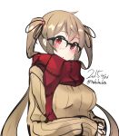  1girl brown_hair glasses kantai_collection long_hair murasame_(kantai_collection) nekobaka red_eyes ribbed_sweater scarf solo sweater twintails 