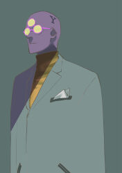  1boy bald bleach bleach:_sennen_kessen-hen colored_skin formal glasses highres kubo_tite lapels male_focus notched_lapels purple-framed_eyewear purple_skin round_eyewear royd_lloyd solo suit sweater third_eye tinted_eyewear turtleneck turtleneck_sweater yellow-tinted_eyewear 