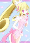  1girl aida_mana blonde_hair bow cowboy_shot cure_heart curly_hair dokidoki!_precure dorasan fingerless_gloves gloves hair_ornament half_updo heart heart_hair_ornament highres leotard long_hair magical_girl mouth_hold pink_bow pink_eyes pink_gloves ponytail precure solo standing 