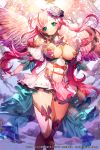  1girl ahoge angel_wings artist_name blue_eyes blush bowtie breasts butterfly_ornament cleavage dress flower gem gloves hair_flower hair_ornament head_tilt jewelry large_breasts long_hair looking_at_viewer outstretched_arms pink_dress pink_gloves pink_hair puffy_short_sleeves puffy_sleeves rose see-through short_sleeves smile solo sorolp sparkle standing thigh-highs twintails white_rose white_wings wings zettai_ryouiki 