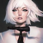  1girl bangs black_background black_gloves blue_eyes clenched_teeth face gloves ilya_kuvshinov lips long_sleeves looking_up original parted_lips portrait ringed_eyes shirt short_hair solo swept_bangs teeth time-out_(gesture) white_hair white_shirt 