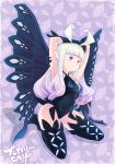  1girl anne_(bravely_second) antenna_hair armpits arms_up blue_eyes bravely_default_(series) bravely_second:_end_layer burakkori butterfly_wings fairy gloves highres kneeling leotard long_hair pointy_ears silver_hair smile solo thigh-highs wings 