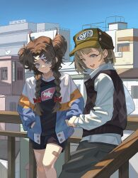  1boy 1girl :d absurdres against_railing ahoge alternate_costume argyle_clothes argyle_vest bandaid_on_thigh baseball_cap black_shirt black_shorts black_vest blue_eyes blue_jacket blue_sky braid brown_hair brown_hat building city double_bun ezra_theodore feet_out_of_frame grey_pants hair_bun hair_ornament hairclip hands_in_pockets hat highres jacket long_hair long_sleeves looking_down low_twin_braids multicolored_clothes multicolored_jacket open_mouth outdoors pants railing reverse:1999 shirt short_shorts shorts sky smile spathodea_(reverse:1999) twin_braids two-tone_jacket vest white_jacket white_shirt zzzzzziyao 