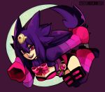  1girl blue_(hopebiscuit) breasts cleavage eyebrows eyebrows_visible_through_hair eyelashes full_body gengar hair_between_eyes knee_pads legs_together long_hair low_ponytail mega_gengar mega_pokemon personification pink_eyes pokemon pokemon_(game) pokemon_xy purple_hair sleeves_past_wrists smile solo striped_sleeves thigh-highs third_eye 