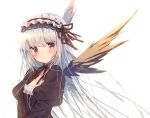  1girl bangs black_dress black_ribbon blunt_bangs blush dress feathered_wings hairband highres juliet_sleeves lolita_fashion long_hair long_sleeves looking_at_viewer maid_headdress puffy_sleeves red_eyes ribbon rozen_maiden silver_hair simple_background solo suigintou upper_body usamata white_background wings 