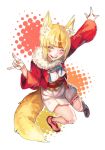  1girl animal_ears blonde_hair blush fire_emblem fire_emblem_if fox_ears fox_tail kinu_(fire_emblem_if) kotobuki210 multicolored_hair one_eye_closed open_mouth orange_hair simple_background solo tail two-tone_hair white_background yellow_eyes 
