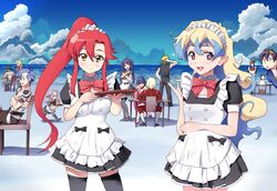  +_+ adiane apron beach bow chair clouds darry_adai dayakka dorianpanda dress frills kamina kinon kittan kiyal kiyoh maid maid_headdress multicolored_hair nia_teppelin ponytail redhead rossiu simon smile table tengen_toppa_gurren_lagann thigh-highs tray two-tone_hair viral water yellow_eyes yoko_littner 