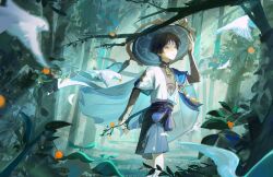  1boy aqua_gemstone aqua_hat aqua_kimono aqua_sleeves aranara_(genshin_impact) armor belt berry bird black_belt black_bow black_hair black_shorts blue_cape blunt_ends bow branch bridal_gauntlets bug butterfly canopy_(forest) cape dterl facing_up feathers food forest fruit genshin_impact gold grey_eyes hakama hakama_shorts han'eri hand_up hat highres holding holding_branch japanese_armor japanese_clothes jingasa kimono kote kurokote layered_clothes layered_kimono layered_sleeves leaf looking_up male_focus nature open_clothes open_hands open_kimono open_mouth pleated_shorts pom_pom_(clothes) purple_rope purple_sash rope sash scaramouche_(genshin_impact) short_sleeves shorts solo tassel tilted_headwear tree vision_(genshin_impact) walking wanderer_(genshin_impact) white_kimono white_mouth white_sleeves yellow_feathers 