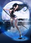  1girl arm_behind_head bangs black_hair blue_eyes breasts cleavage dress dsqk03 fishnet_legwear fishnets full_body hair_between_eyes hand_in_hair holding_sword holding_weapon lace long_hair looking_at_viewer moon nail_polish night night_sky no_shoes original reflection ripples short_dress side_slit sky sleeveless solo sword thigh-highs very_long_hair weapon white_nails 