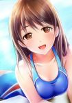  1girl :d bangs blue_swimsuit breasts brown_eyes brown_hair cleavage idolmaster idolmaster_cinderella_girls long_hair looking_at_viewer nannacy7 nitta_minami one-piece_swimsuit open_mouth smile solo sparkle swimsuit upper_body water wet 