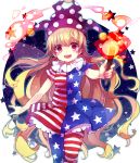  1girl :d aiming_at_viewer american_flag_legwear american_flag_shirt bangs blonde_hair blush clownpiece cowboy_shot fairy_wings hat head_tilt highres holding_weapon jester_cap long_hair looking_at_viewer magic mismatched_legwear neck_ruff open_mouth pantyhose short_sleeves smile solo space star star_print striped striped_legwear suzuna_(mark_of_luck) teeth torch touhou very_long_hair violet_eyes wand wings 