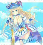  1girl blonde_hair blue_eyes blush breasts hat highres long_hair looking_at_viewer original sakakidani smile solo sword weapon 