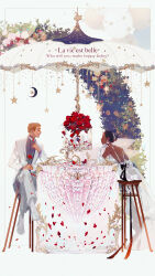  arch back_bow bare_back bare_shoulders bilingual black_bow black_hair blazer blonde_hair blue_shirt border bottle bow bowtie bush clenched_hand closed_eyes collared_jacket collared_shirt commentary constellation couple crescent crossed_legs dark-skinned_female dark_skin dating dress dress_pants dress_shoes elbow_gloves elbow_on_table english_commentary english_text eyelashes eyeshadow flower forehead formal french_text from_behind gloves gown hand_on_own_chin hetero high_collar highres holding holding_flower interracial jacket lapels layered_sleeves light_particles lips long_dress long_sleeves makeup mian_lang mixed-language_text notched_lapels on_stool open_clothes open_jacket open_mouth original outside_border oversized_object pants perfume_bottle petals pink_eyeshadow red_flower red_rose rose rose_petals shirt short_hair shoulder_blades sitting sleeveless sleeveless_dress smile star_(symbol) suit talking traditional_bowtie umbrella white_background white_border white_bow white_bowtie white_dress white_footwear white_gloves white_jacket white_pants white_suit white_umbrella 