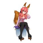  1girl animal_ears black_legwear bra breasts caster_(fate/extra) cleavage fate/extra fate_(series) fox_ears fox_tail ikesin long_hair one_eye_closed open_clothes pink_bra pink_hair simple_background sitting solo tail thigh-highs twintails underwear v white_background yellow_eyes 