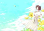  1girl blush clouds dress finger_marks flower hat hat_removed headwear_removed holding holding_hat kanon_memphis petals redhead shiny shiny_hair short_hair sky smile solo soukyuu_no_fafner sun_hat sunflower white_dress wind 