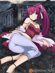  1girl ass bare_shoulders breasts cleavage denim grin hair_intakes hair_ribbon high_heels highres jeans long_hair lying midriff navel no_bra off_shoulder on_side ootachi pants pants_rolled_up ponytail purple_hair red_eyes ribbon scabbard sheath sideboob smile solo spaghetti_strap spike_wible strap_slip tank_top under_night_in-birth very_long_hair watermark web_address yuzuriha_(under_night_in-birth) 