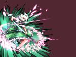  1girl ascot black_shoes cherry_blossoms collared_shirt explosion frilled_skirt frills glowing glowing_sword glowing_weapon green_eyes green_skirt green_vest hairband highres hijiwryyyyy katana konpaku_youmu legs maroon_background multiple_swords open_mouth petals puffy_short_sleeves puffy_sleeves scabbard sheath sheathed shirt shoes short_hair short_sleeves skirt small_breasts socks solo sword touhou unsheathing untucked_shirt weapon white_hair white_legwear white_shirt 