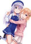  2girls :d blue_eyes blue_hair blush brown_hair gochuumon_wa_usagi_desu_ka? hair_ornament hairclip hane_yoshiyumi highres hoto_cocoa hug kafuu_chino lifting_person long_hair looking_at_viewer multiple_girls one_eye_closed open_mouth short_hair skirt smile thigh-highs violet_eyes white_legwear 