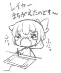  1girl alternate_costume closed_eyes crying drawing drawing_board folded_ponytail inazuma_(kantai_collection) kotanuki_329 long_sleeves pen sketch tears translation_request wavy_mouth white_background younger 