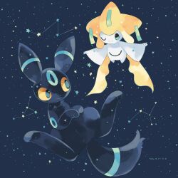  alternate_color black_eyes closed_mouth colored_sclera colored_skin green_eyes highres jirachi merino_(merino_9999) no_humans pokemon pokemon_(creature) shiny_pokemon smile space star_(symbol) tail umbreon white_skin yellow_sclera 