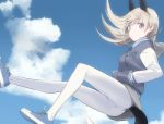  1girl animal_ears blue_eyes blush clouds eila_ilmatar_juutilainen full_body hands_in_pockets hooded_jacket jacket long_hair looking_at_viewer lowres pantyhose shimada_fumikane shoes silver_hair smile sneakers solo strike_witches tail white_legwear 