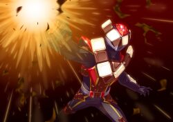  1boy absurdres armor bodysuit brown_armor chocodon_(white_chocolate) chocolate energy_gun finishing_move gloves glowing glowing_eyes gun highres holding holding_gun holding_weapon kamen_rider kamen_rider_gavv_(series) kamen_rider_valen male_focus otokamu power_armor weapon 