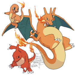  :d breath_weapon breathing_fire charizard charmander charmeleon claws commentary evolutionary_line fangs fire flame-tipped_tail no_humans open_mouth pokemon pokemon_(creature) sagemaru-br signature smile tongue white_background 