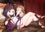  1girl animal_ears bare_legs cape cat_ears dress gauntlets granblue_fantasy hood looking_at_viewer lying marugoshi_(54burger) on_bed pillow red_eyes side_slit silver_hair skasaha_(granblue_fantasy) solo white_dress 
