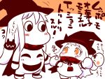  bag blush_stickers cape collar commentary_request dress halloween_costume hat holding_hands jack-o&#039;-lantern kantai_collection long_hair muppo northern_ocean_hime sako_(bosscoffee) translation_request visible_air witch_hat 