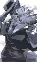  1boy \n/ absurdres amber_eyes animal_ears bandaid bandaid_on_face bandaid_on_nose black_coat black_hat black_necktie claws coat commentary_request furry furry_male grey_fur hand_on_headwear hanu_(honkai:_star_rail) hat highres honkai:_star_rail honkai_(series) jewelry korean_commentary looking_at_viewer loss_kim male_focus necktie pawpads pipe_in_mouth ring scar scar_across_eye shirt smoke smoking smoking_pipe sunglasses tail white_background white_shirt wolf_boy wolf_ears wolf_tail 