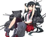 1girl asymmetrical_legwear black_hair breasts exion_(neon) gloves highres kantai_collection large_breasts long_hair looking_at_viewer machinery midriff mouth_hold necktie pleated_skirt ponytail red_eyes single_thighhigh skirt solo thigh-highs white_gloves yahagi_(kantai_collection) 