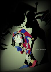  1girl asymmetrical_footwear asymmetrical_gloves black_hair blue_footwear blue_gloves blush_stickers colored_skin different_shadow gloves hat highres jester jester_cap mismatched_footwear mismatched_gloves pointed_footwear pom_pom_(clothes) pomni_(the_amazing_digital_circus) puffy_short_sleeves puffy_sleeves red_footwear red_gloves scared shoes short_sleeves sonokare striped_clothes striped_headwear the_amazing_digital_circus twitter_username vertical-striped_clothes vertical-striped_headwear white_skin wide-eyed 