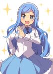  +_+ 1girl blue_hair blush hand_on_hip himouto!_umaru-chan kim_bae-eo long_hair looking_at_viewer open_mouth simple_background smile solo symbol-shaped_pupils tachibana_sylphynford very_long_hair white_background 