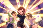  3girls artist_request breasts brown_hair card_(medium) cleavage closed_eyes earrings hand_on_hip heart hori_yuuko idolmaster idolmaster_cinderella_girls idolmaster_cinderella_girls_starlight_stage jewelry katagiri_sanae large_breasts lights low_twintails multiple_girls necklace official_art oikawa_shizuku one_eye_closed open_mouth skirt spoon sweater twintails 