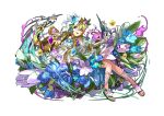  absurdres artist_request blue_flower breasts dress freyja_(p&amp;d) green_eyes highres long_hair official_art purple_flower puzzle_&amp;_dragons sandals wings 