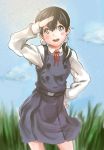  1girl black_hair blue_eyes highres kanau kitashirakawa_tamako long_hair salute school_uniform tamako_market twintails 