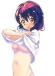  1girl blush bra hair_down hair_ornament hairclip looking_at_viewer navel open_mouth pink_bra purple_hair shirt_lift shokugeki_no_souma solo surprised sweat tadokoro_megumi taira_kosaka underwear undressing upper_body white_background yellow_eyes 