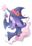  1girl greicis hat little_witch_academia long_hair open_mouth potion purple_hair red_eyes simple_background solo sucy_manbabalan white_background witch witch_hat 