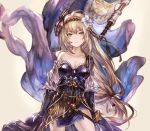  &gt;:o 1girl :o ahoge armor armored_dress bangs beltskirt blonde_hair breasts cleavage collarbone cowboy_shot dress flag flower gauntlets granblue_fantasy hair_between_eyes hair_flower hair_ornament hair_ribbon hairband jeanne_d&#039;arc_(granblue_fantasy) lavender_eyes lily_(flower) long_hair low-tied_long_hair parted_lips purple_dress ribbon sheath shigaraki_(strobe_blue) solo strapless_dress white_ribbon 