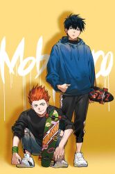  2boys black_hair green_eyes highres kageyama_ritsu male_focus mob_psycho_100 multiple_boys nishita psychic redhead shirt skateboard sportswear suzuki_shou t-shirt yellow_background 
