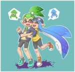  1boy 1girl bike_shorts blue_hair blush closed_eyes fangs green_hair headband hug hug_from_behind inkling pink_eyes pointy_ears splatoon symbol_in_eye tentacle_hair tentacles tied_hair yan531 