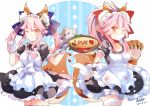  2girls ;d alternate_costume animal_ears apron bow caster_(fate/extra) enmaided fate/extra fate/grand_order fate_(series) food fox_ears fox_shadow_puppet gloves hair_bow heart highres maid multiple_girls omurice one_eye_closed open_mouth paw_gloves pink_hair ponytail puyue smile tamamo_cat_(fate/grand_order) teapot thigh-highs tray two_side_up white_gloves yellow_eyes zettai_ryouiki 