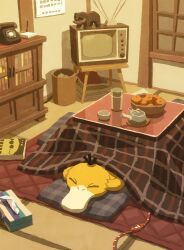  absurdres book bowl cabinet closed_eyes crt cup cushion food fruit hands_on_own_head highres hyogonosuke indoors kibori_kuma kotatsu no_humans orange_(fruit) phone pokemon pokemon_(creature) psyduck table tatami television tissue_box trash_can 