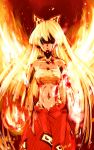  1girl baggy_pants blonde_hair blood burnt collarbone fiery_hair fire fujiwara_no_mokou hair_over_eyes hair_ribbon highres hurt long_hair no_shirt pants red_pants ribbon sarashi solo torn_clothes torn_pants touhou very_long_hair wings xianjian_lingluan 