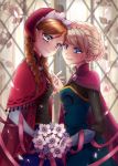  2girls absurdres anna_(frozen) blonde_hair blue_eyes blush bouquet braid brown_hair cape capelet elsa_(frozen) flower frozen_(disney) hat highres interlocked_fingers kokuchuutei long_hair multiple_girls petals ribbon short_hair siblings sisters smile twin_braids yuri 