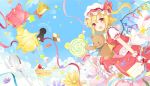  1girl 6u_(eternal_land) bell bird blonde_hair bow cake candy cookie fang flandre_scarlet flower food fruit gloves hair_bow hakurei_reimu hat hat_bow kirisame_marisa lollipop looking_at_viewer mob_cap open_mouth puffy_short_sleeves puffy_sleeves red_eyes ribbon sash shirt short_sleeves side_ponytail skirt skirt_set smile solo spoon strawberry stuffed_animal stuffed_toy teddy_bear touhou vest white_gloves wings witch_hat 