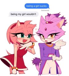  2girls absurdres amy_rose animal_ears animal_nose arm_support bare_shoulders blaze_the_cat bracelet cat_ears cat_girl cat_tail clenched_hand commentary dress english_text eyelashes fang forehead_jewel fur-trimmed_sleeves fur_trim gem gloves gold_bracelet green_eyes hairband half-closed_eyes hand_up heart hedgehog_girl highres jacket jewelry long_sleeves looking_at_another looking_at_viewer multiple_girls open_mouth pants pink_fur purple_fur purple_jacket red_dress red_gemstone red_hairband short_tail simple_background sleeveless sleeveless_dress smile sonic_(series) standing symbol-only_commentary tail topknot usheriiu white_background white_gloves white_pants yellow_eyes yuri 