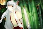  1girl armband bamboo bamboo_forest big_hair blurry bow collared_shirt depth_of_field ears expressionless forest fujiwara_no_mokou full_moon hair_bow hands_in_pockets long_hair long_sleeves looking_at_viewer moon nature pants puffy_long_sleeves puffy_sleeves red_pants shirt side_glance silver_hair solo suspenders touhou uta/natika very_long_hair 