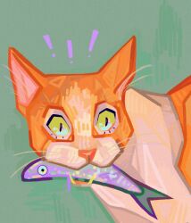  ! animal animal_focus aqua_eyes cat commentary dead_animal english_commentary fangs film_grain fish fish_in_mouth googly_eyes green_background green_eyes hatching_(texture) highres holding holding_animal holding_fish looking_at_viewer no_humans open_mouth orange_cat orange_fur original purple_scales quezify simple_background slit_pupils triadic_colors whiskers white_fur wide-eyed 